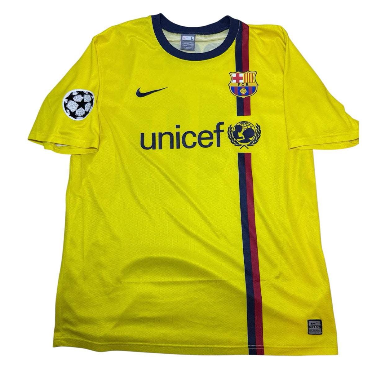 Trikodinho FC Barcelona Auswärtstrikot in Gelb mit blau-rotem Streifen, Unicef-Logo und Champions-League-Badge